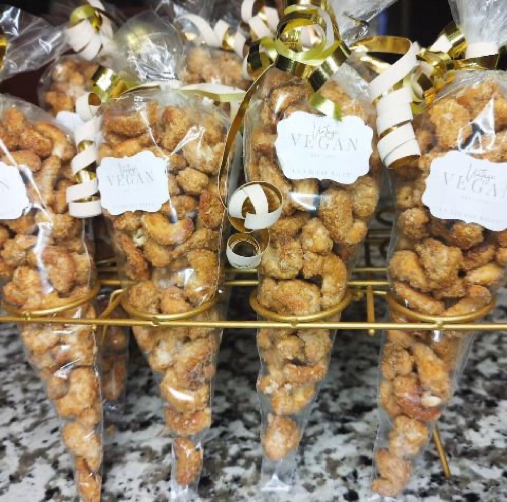 Candied cashews in ribbon-tied cones with Vintage Vegan labels